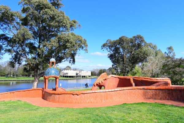 The Ceramic Mural with Benalla Art Gallery across the lake